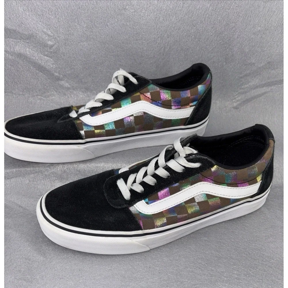 Vans Ward Women's Size 8.5 Iridescent Check Skate Shoes 500714 Rainbow Blk Wht‎